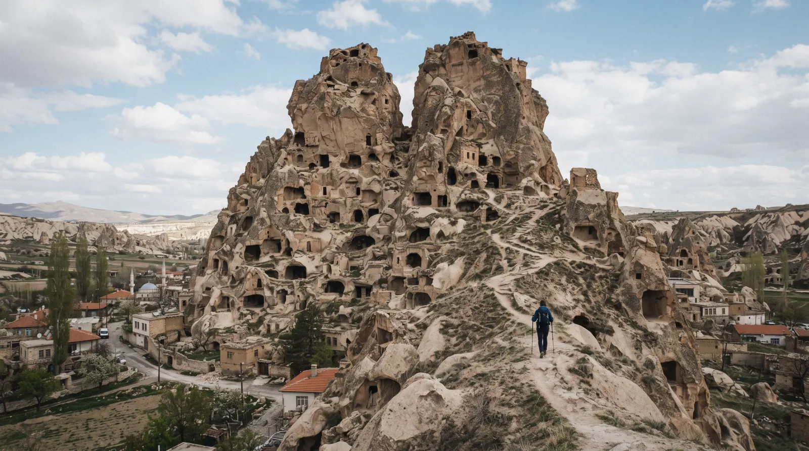 The rock ridge of Çavuşin old village under its split castle rock