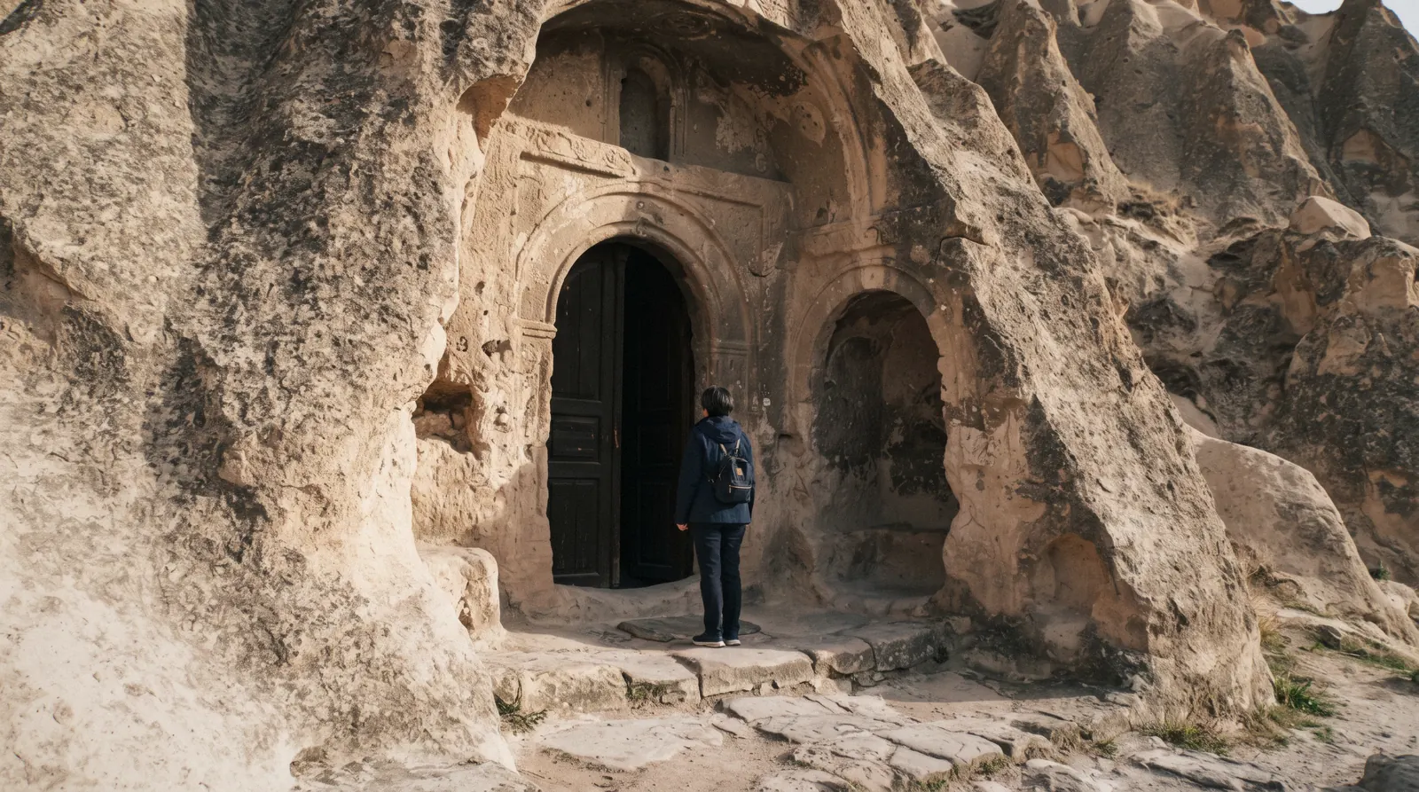 The Dark Church entrance porch carved into a tuff cone in the Göreme Open Air Museum, where Dark Church tickets are checked
