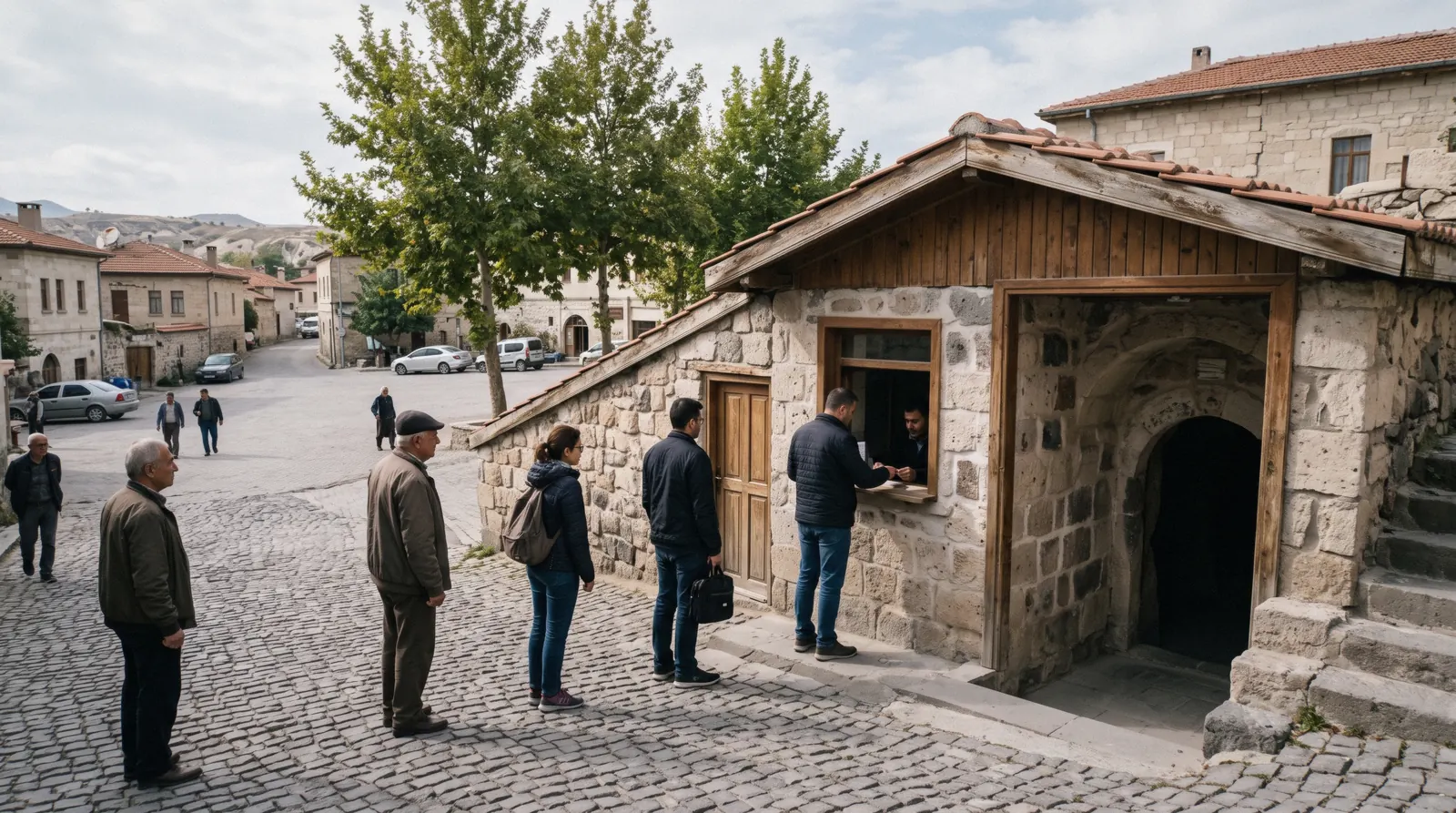 The entrance building of Derinkuyu underground city in the morning, a stone ticket pavilion with a small queue and plane trees on the town square