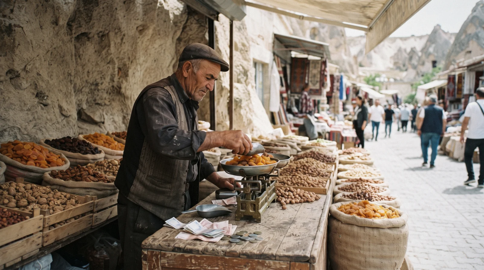 Lira notes, a museum ticket and a card reader on a Göreme café table, the three currencies of a Cappadocia day