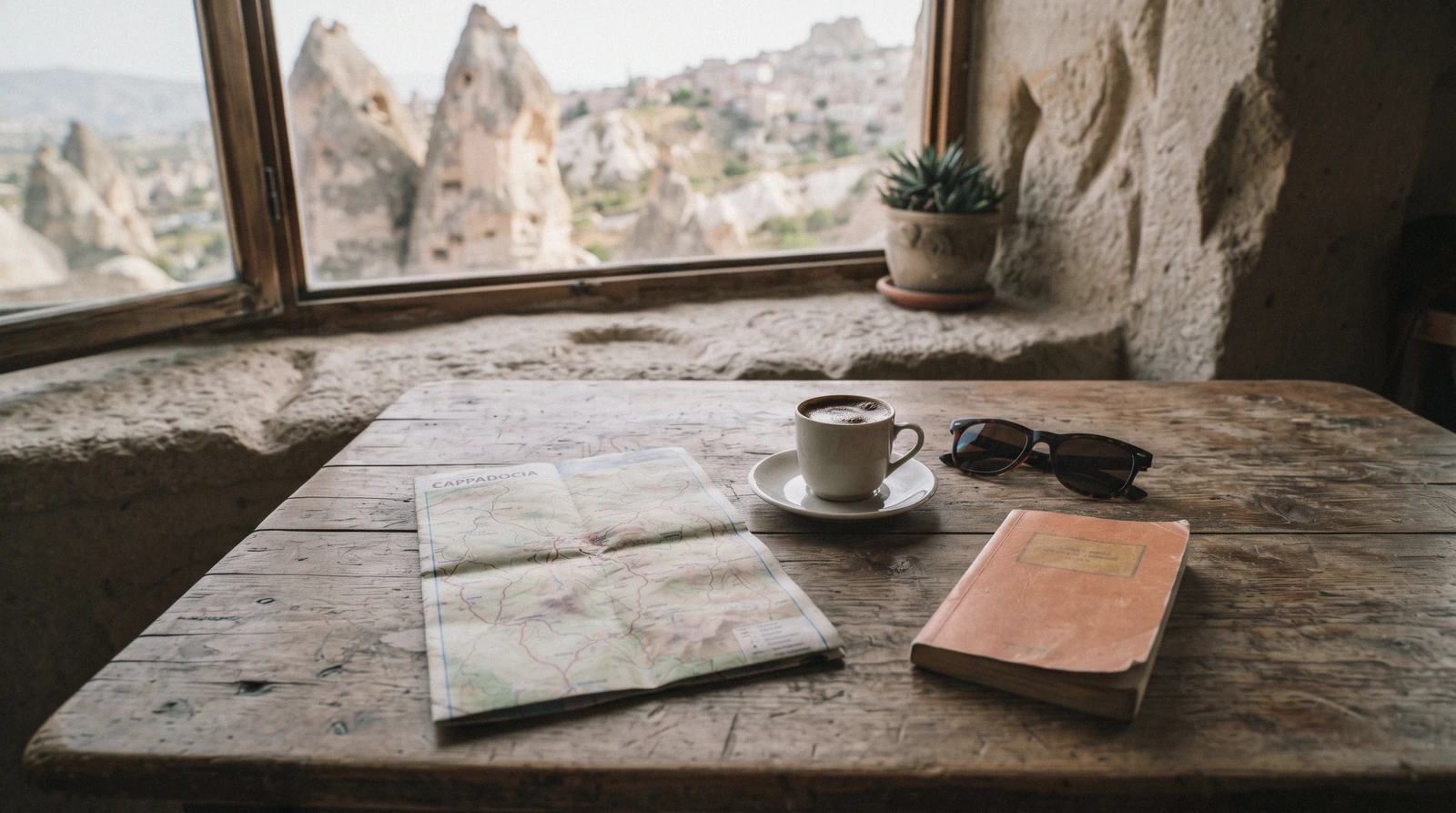 A folded map and guide booklet on a café table in Göreme, planning which Cappadocia museum pass doors to walk through