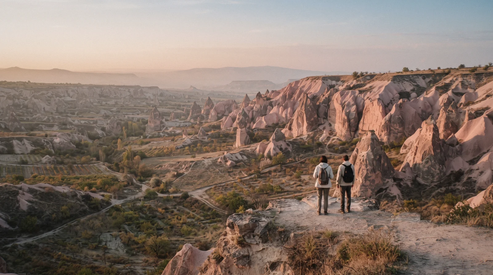 Pink-tinted volcanic cliffs and sculpted ridges above Rose Valley glowing under low sun.
