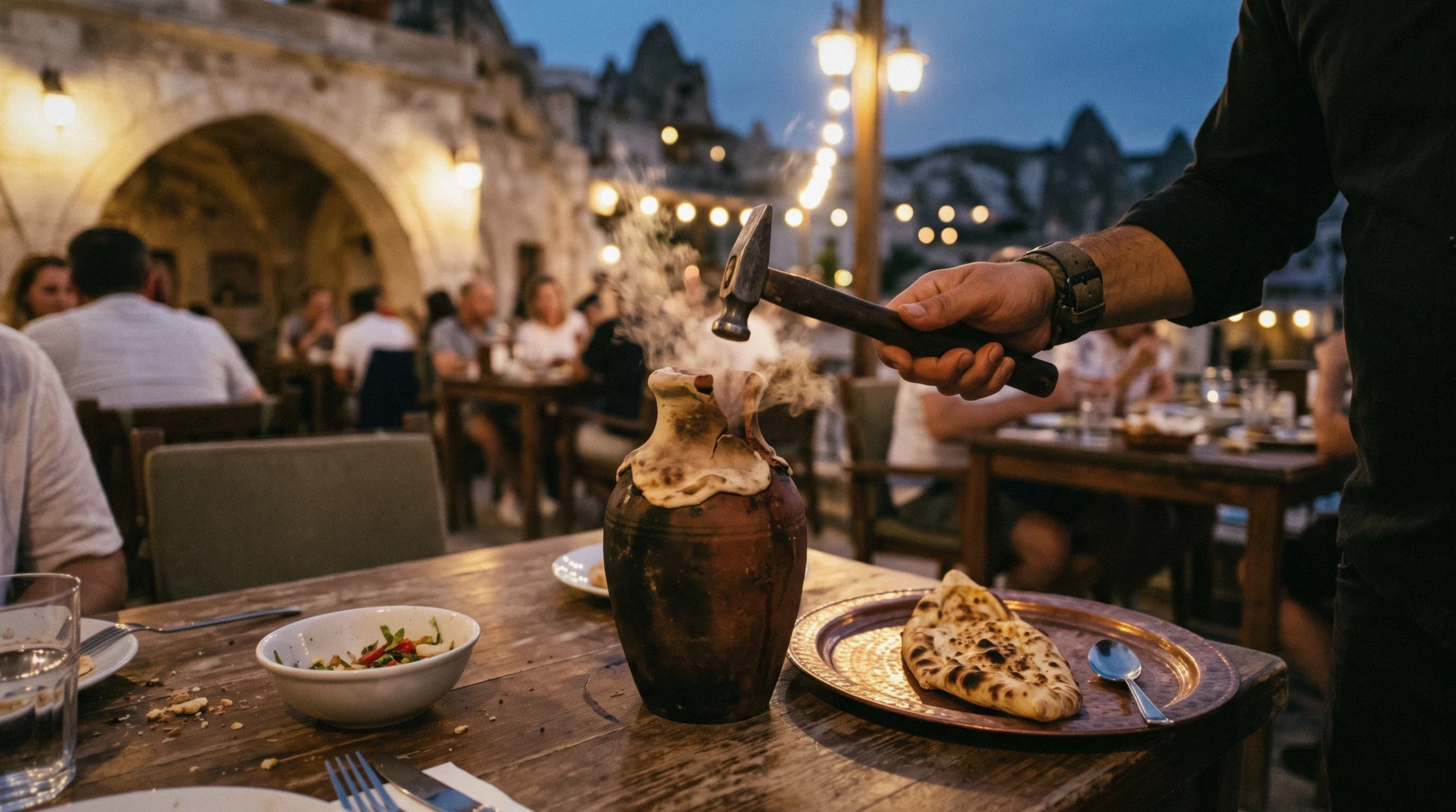 Turkish breakfast plates and tea glasses on a stone terrace in Göreme