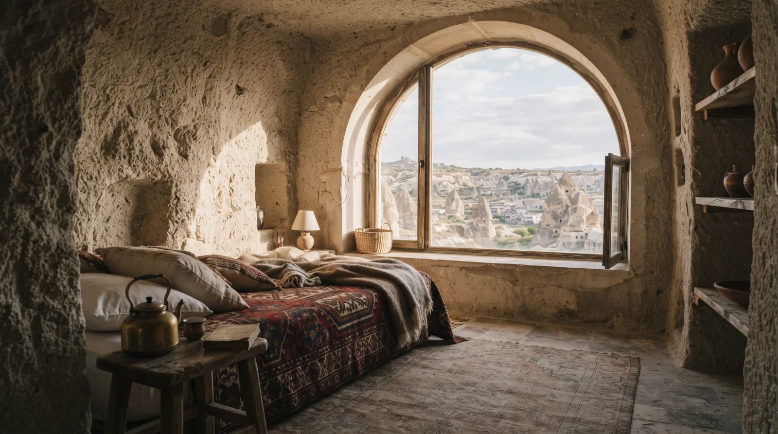 Hot air balloons rising over the town rooftops at dawn, the view that decides where to stay in Göreme